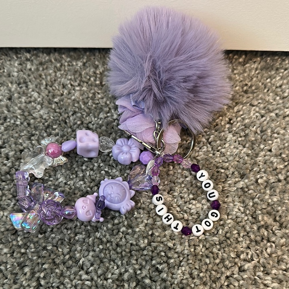 Handmade Purple Beaded Keychain with Pom Pom